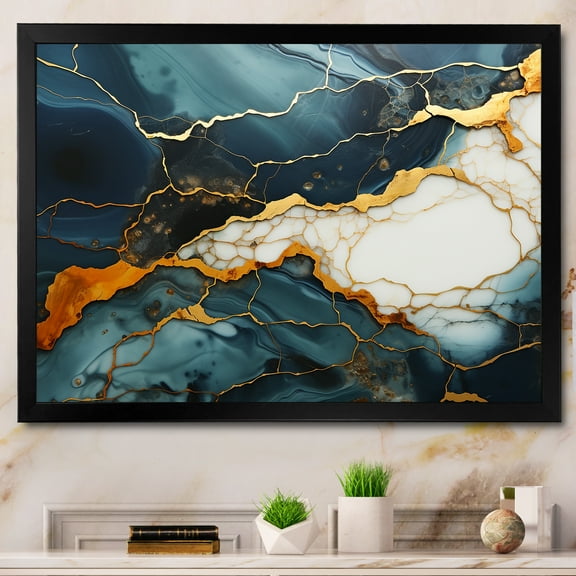 Designart "Serene Dream Gold and Green Abstract Marble I" Abstract Framed Wall Art Decor - Modern Gold Abstract Marble Living Room Framed Canvas Art