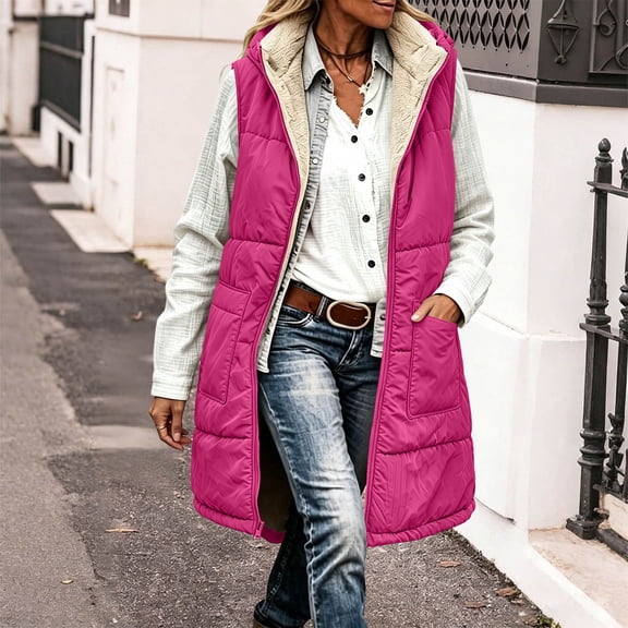 MOONDU Women's Long Hooded Puffer Vest Quilted Sleeveless Zip Up Sherpa Lined Warm Winter Coat with Pockets Casual Fall Winter Daily Wear