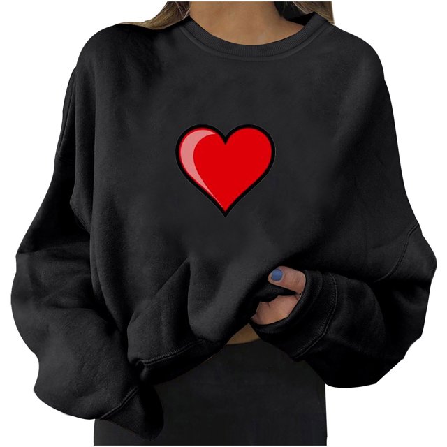 Mode Automne pour Femmes Chandail en Molleton Surdimensionné Imprimé Cœur Col Rond Chandail à Manches Longues Vêtements d'Hiver
