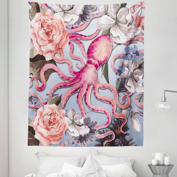 Octopus Tapestry, Watercolor Style Vintage Inspired Pattern with Octopus and Delicate Flowers, Fabric Wall Hanging Decor for Bedroom Living Room Dorm, 5 Sizes, Multicolor, by Ambesonne