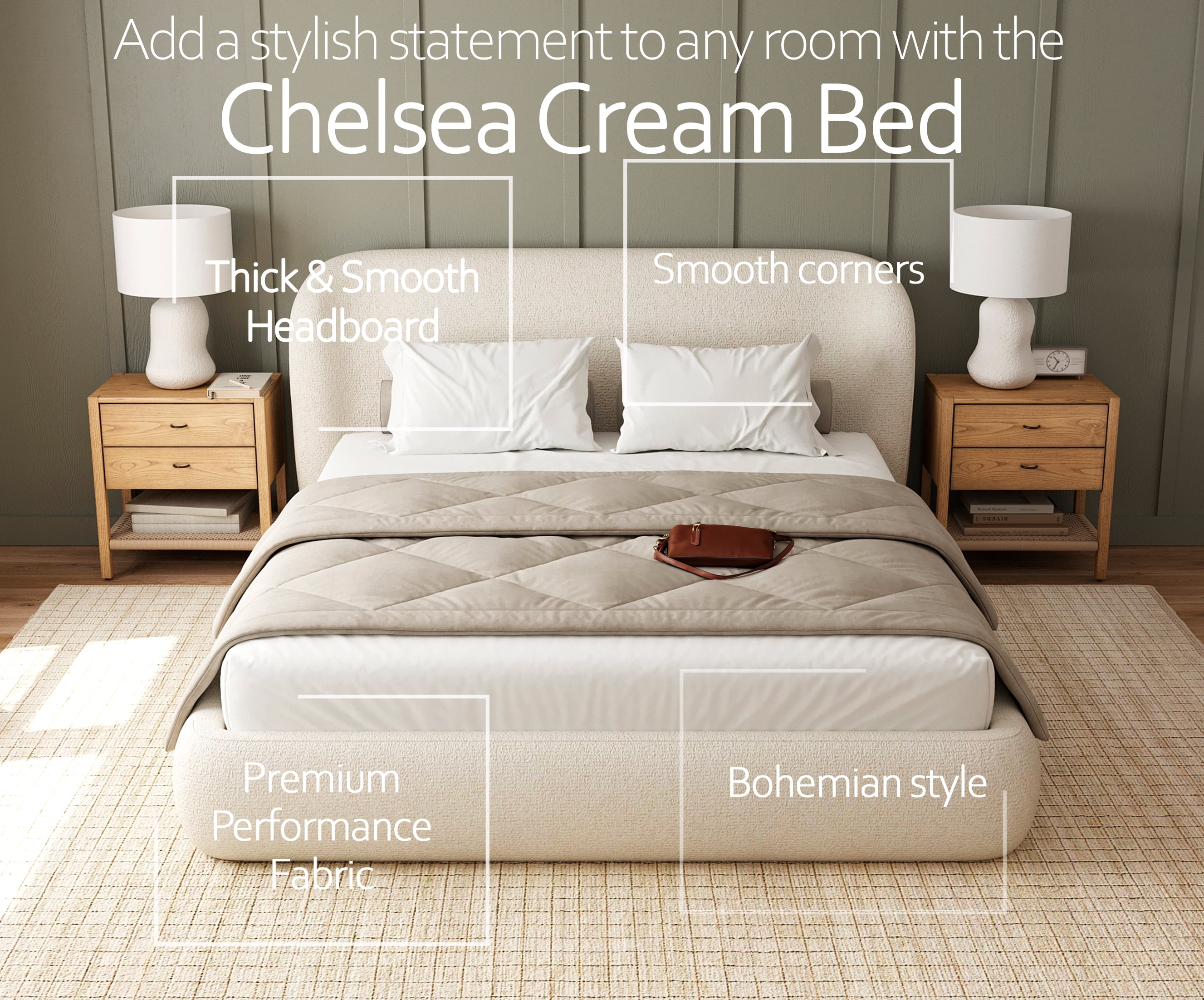King Size Bed Frame with Wingback Headboard, Platform Upholstered in Performance Fabric, Free Assembly - Boho, Modern Style - Rounded Corners, Non-Slip, Low-Profile, Bedroom, Curved (Cream, King)