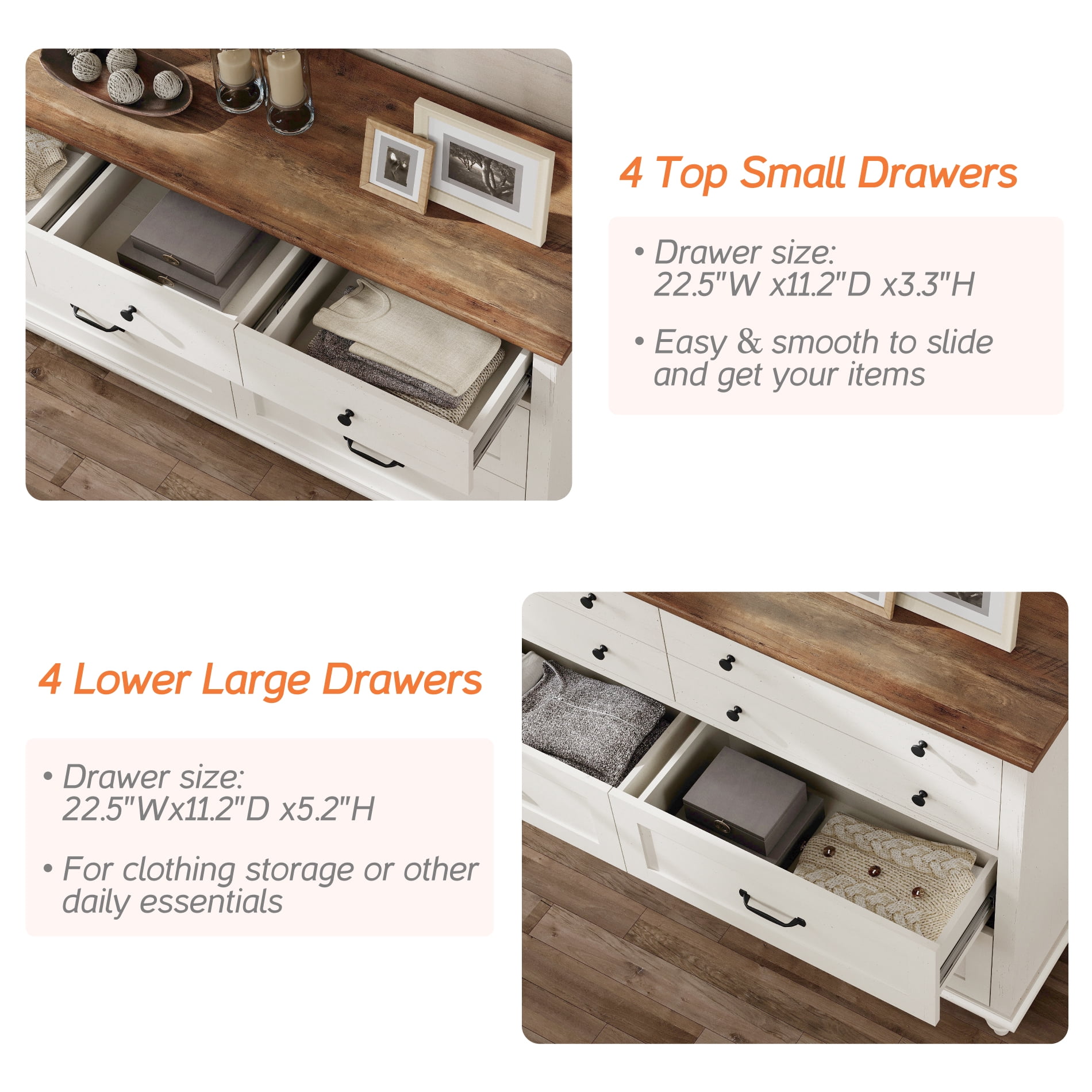 Mid Century Dresser with 8 Drawers, Wooden Kids Dresser for Kids Room Living Room, White