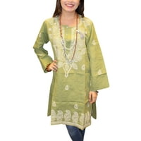 Mogul Bohemian Women's Green Tunic Dress Floral Embroidered Bikini Cover Up Cotton Kurti S