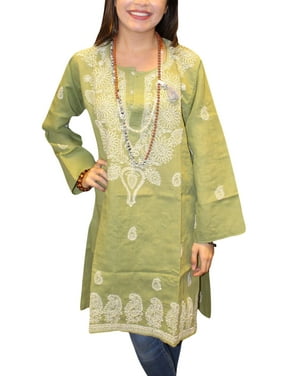 Mogul Bohemian Women's Green Tunic Dress Floral Embroidered Bikini Cover Up Cotton Kurti S