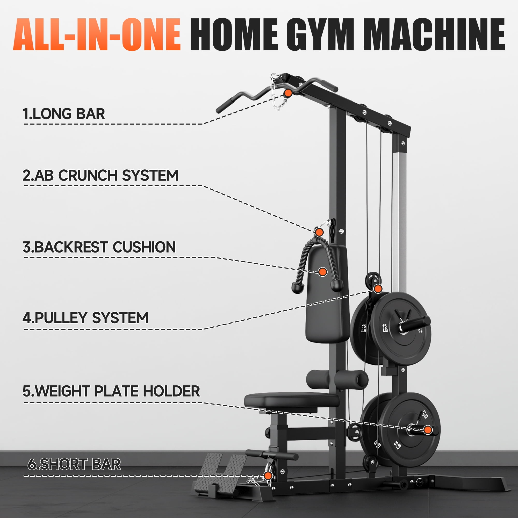 MITONOS 3 in 1 LAT Pulldown Machine,LAT Row Cable Machine with AB Crunch and Cable Row Attachments for Home Gym,High or Low Pulley Stations with Weight Plates (Black)