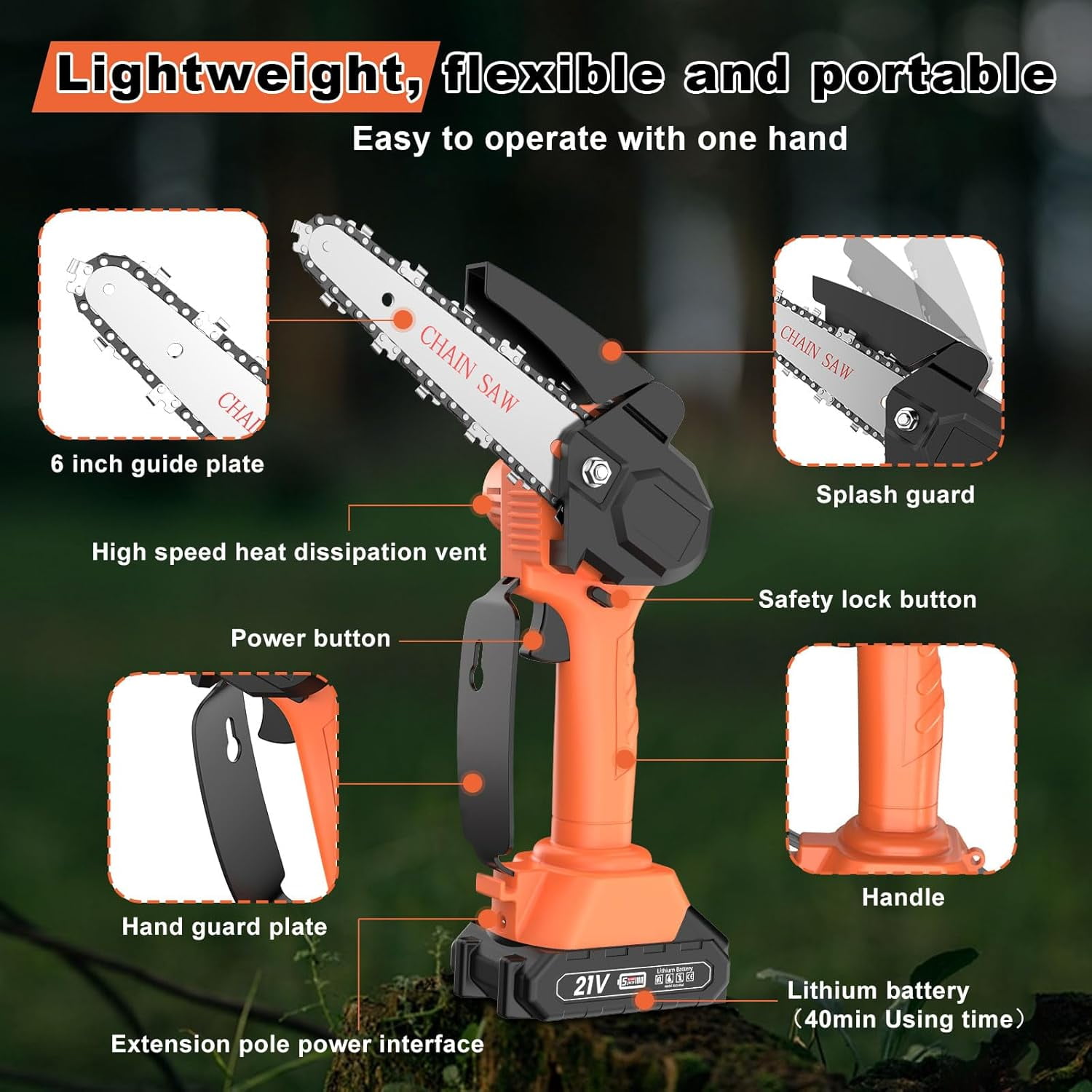 LEXKUYI Cordless Pole Saw, Mini Chainsaw, Electric Pole Saw for Tree Trimming, Tree Trimmer Limb Branch Cutter Pruner