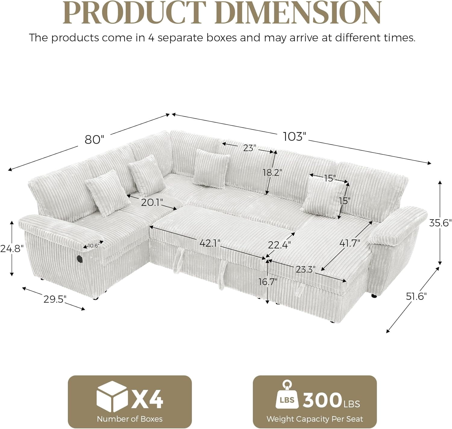 Howcool U-Shaped Sectional Sleeper Sofa with Pull-Out Bed, 7-Seat Convertible Couch, Modular Sofa with Storage Chaise and USB Ports, Plush Corduroy Living Room Furniture,Beige