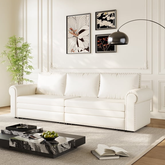 93.7" Chesterfield King Pull-Out Sofa Bed, 3-in-1 Faux Leather Convertible Sleeper Sofa with Nailhead Trim and Rolled Arms, Multi-Functional Couch for Living Room or Bedroom（Beige White）