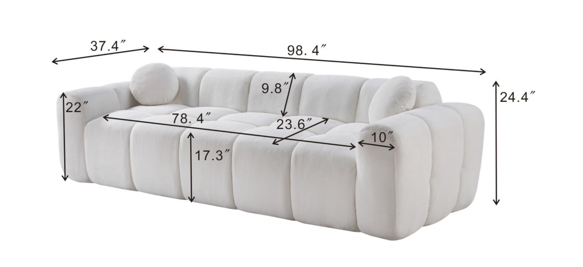 AENKYO 98" Corduroy Cloud Puff Sofa, Modern 4-Seater Bubble Block Couch, No Assembly, Creamy White