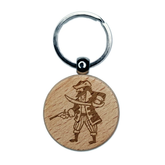 Pirate Cutlass Flintlock Pistol Round Keychain Charm Tag - Engraved Wood