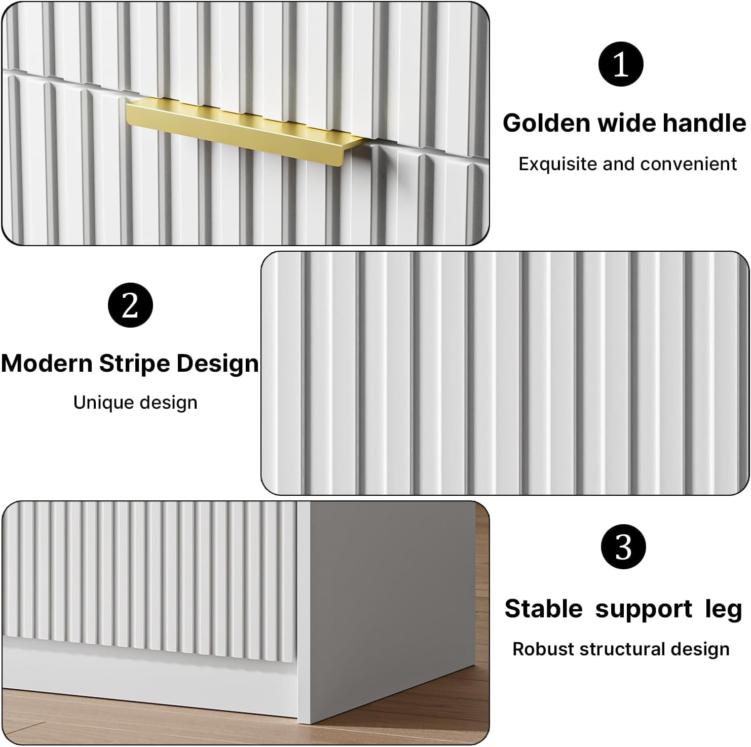 FURNIWAY Set of 2 Fluted Nightstand with 2 Drawers, Modern Storage Bedside Table with Golden Metal Handles, Wooden End Table for Bedroom, Living Room, White