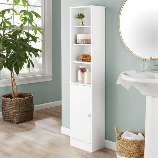White Bathroom Storage Linen Tower With, Bathroom Built In Shelves Dimensions Cm