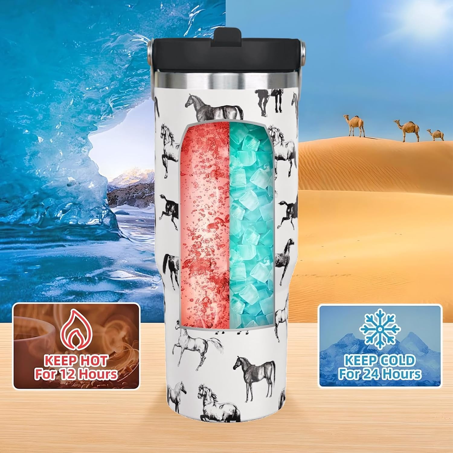 30 oz Horse Tumbler With Handle and Straw, 30oz Flip Straw Tumbler Insulated Coffee Travel Mugs Cup Water Bottle Gifts for Horse Lovers Women Girls