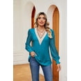 thumbnail image 2 of Women's V-Neck Lace Patchwork Loose Long Sleeve Knit Cotton T-shirt for Autumn/Winter, 2 of 8