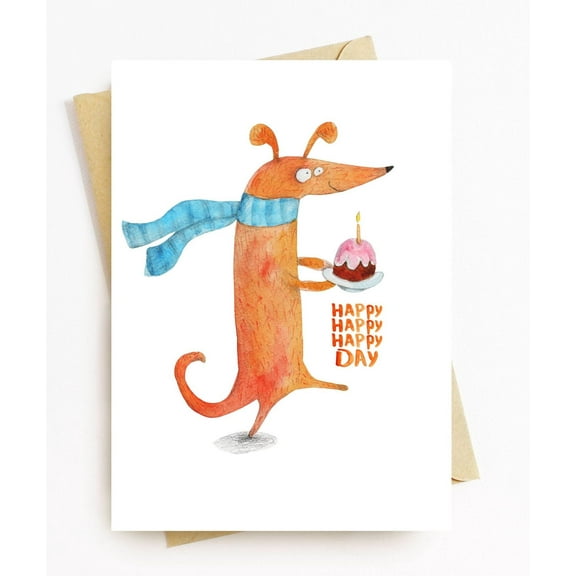 Happy Birthday Card Featuring Fun Cartoon Dog with Cake – Blank Inside, Envelope Included – Perfect for Celebrations & Special Moments