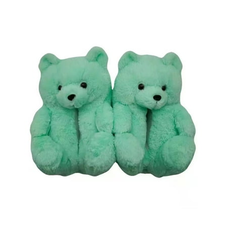 

Gomelly Teddy Bears Slippers for Women Kids House Furry Plush Slippers Non-slip Booties Indoor Green 5.5-8