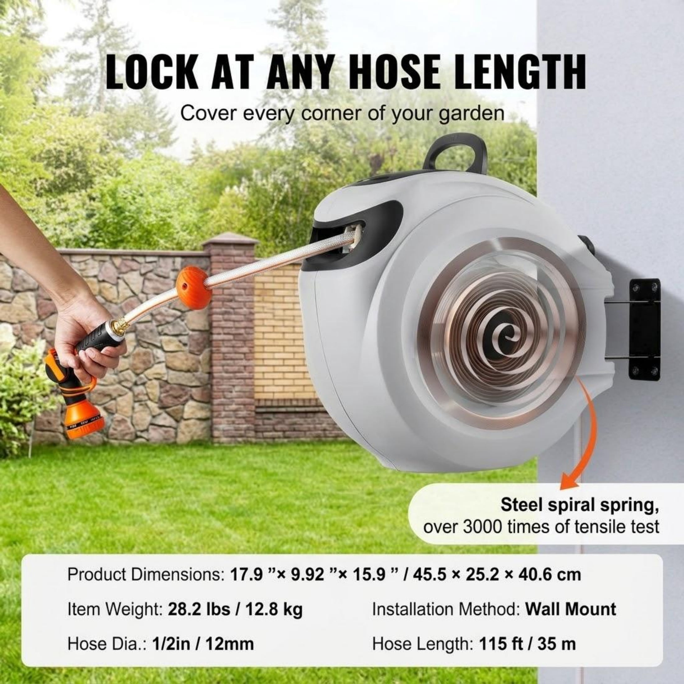 115ft x 1/2" Retractable Hose Reel, Wall-Mounted with 180° Swivel, Auto Rewind, Any-Length Lock & Slow Return, Includes 9-Pattern Nozzle