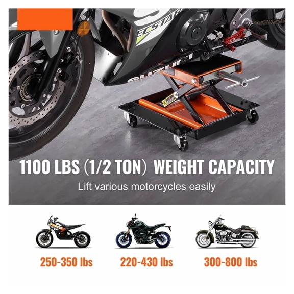 Motorcycle Lift 1100 LBS, ATV Scissor Jack with Dolly - Center Hoist Stand for Street, Cruiser, Touring Bikes - Hand Crank, Wide Deck, Tool Tray