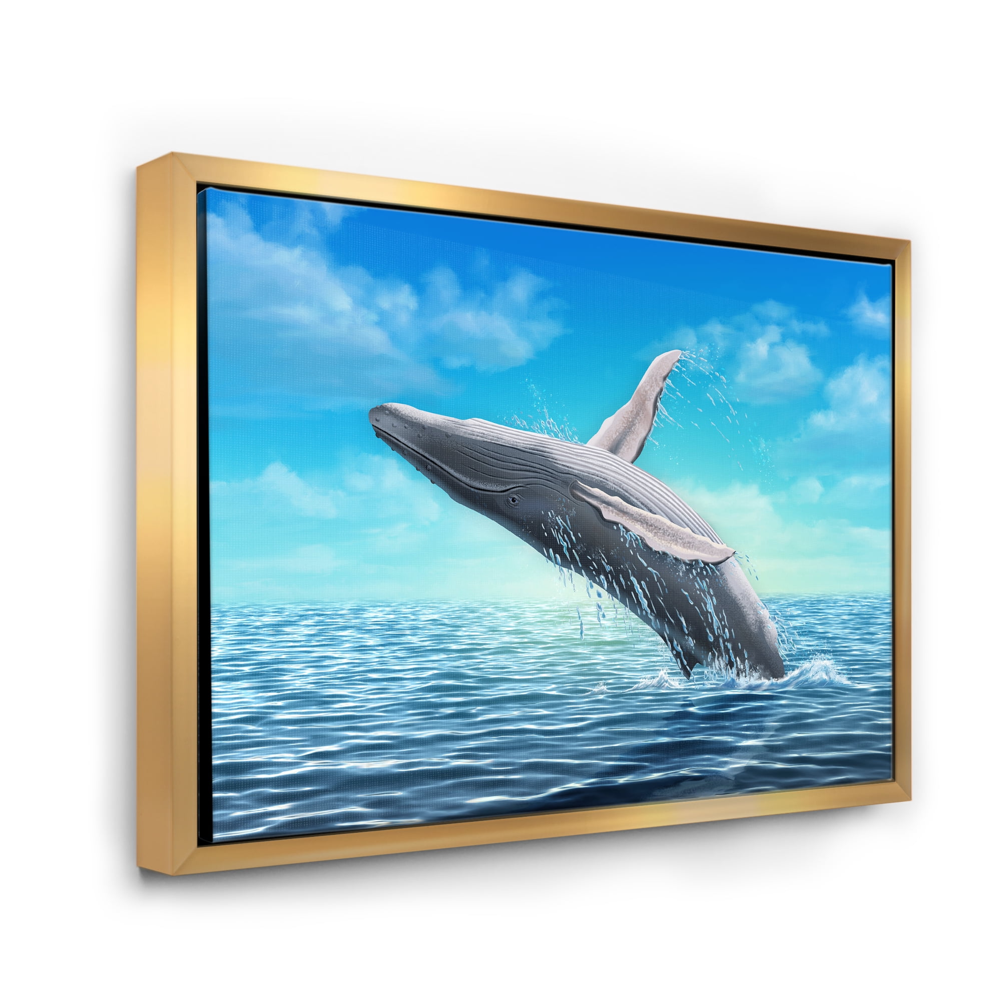 Designart 'Humpback Whale Jumping Out of Sea' Farmhouse Framed Canvas Wall Art Print