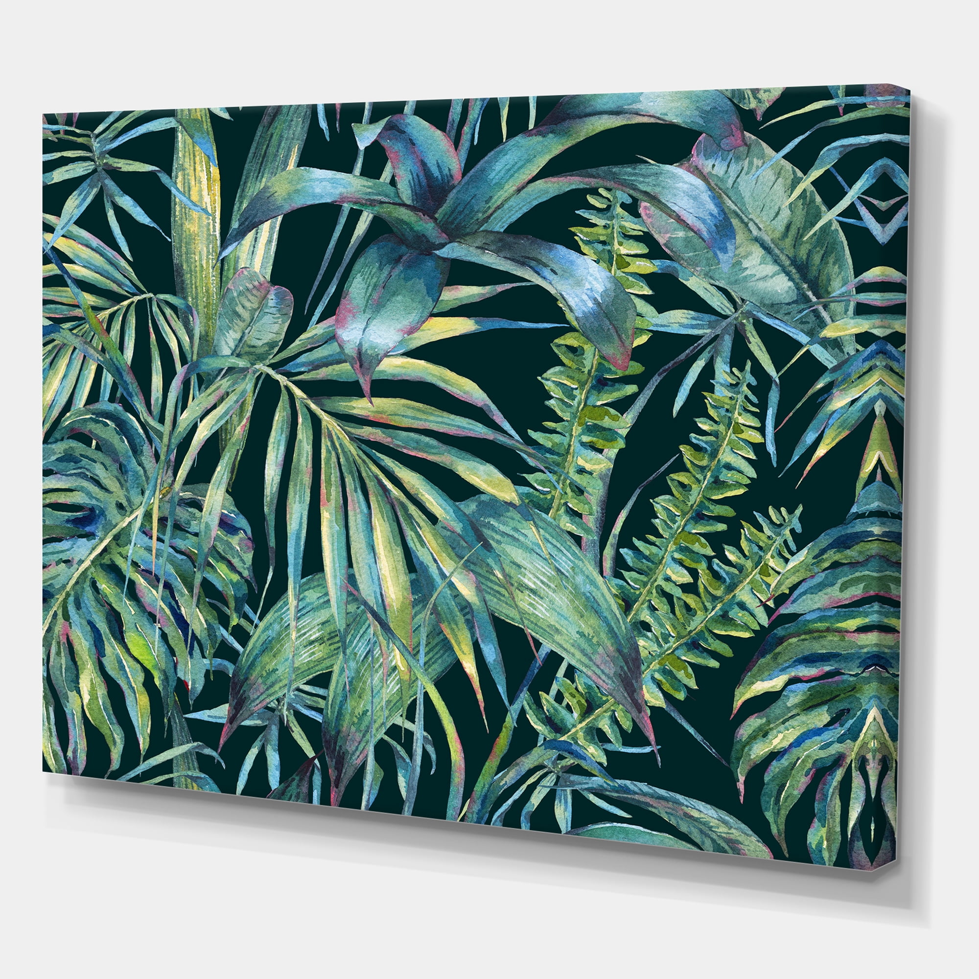 Designart ' Natural Green Leaves Exotic On Dark I ' Tropical Canvas Wall Art Print