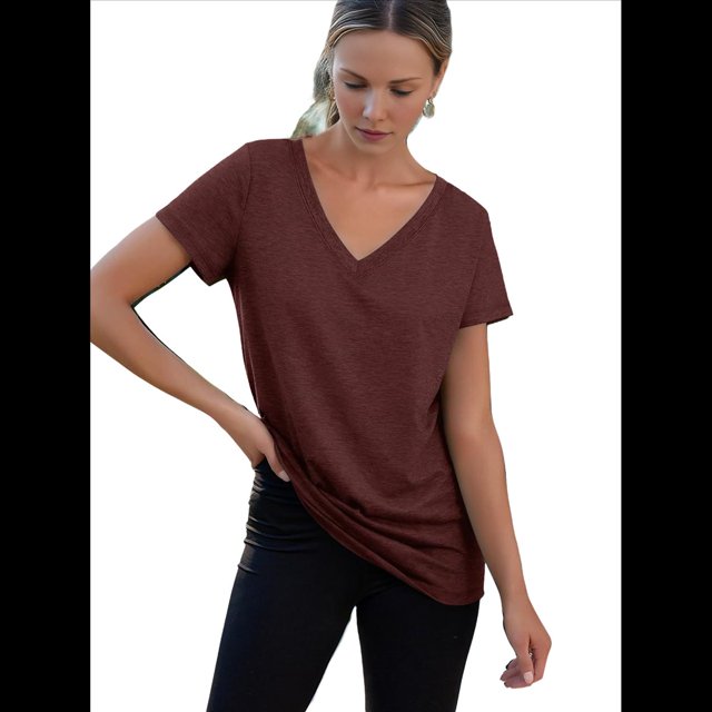 Camiseta Informal con Cuello en V para Mujer, Color Vino Tinto, Talla XL
