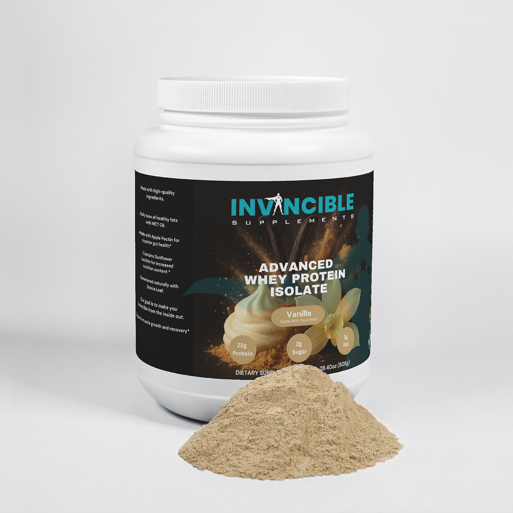 Invincible Supplements Advanced Whey Protein Isolate, Vanilla- 22g Protein with Apple Pectin & MCT Oil- 2LBS
