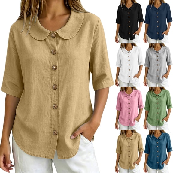 VBVC Women's Cotton Linen Button Down Shirt , Ladies' Peter Pan Collar Short Sleeve Blouse , Casual Summer Work Tops For Women, S-2XL