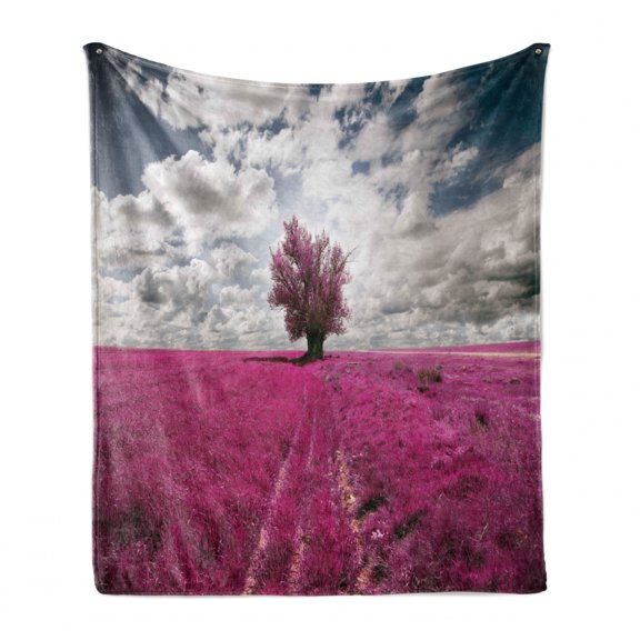 Nature Soft Flannel Fleece Throw Blanket, Surreal Enchanted Oniric Meadow with Single Tree Idyllic Unusual Scene, Cozy Plush for Indoor and Outdoor Use, 50" x 60", Fuchsia Petrol Blue, by Ambesonne