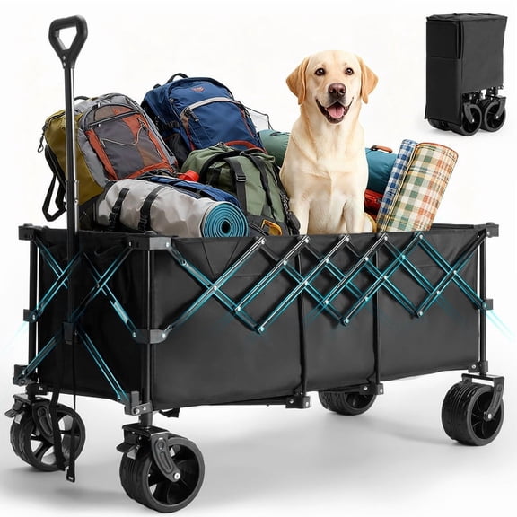 Gianna Foldable Wagon Cart, 440lbs Capacity heavy-duty steel frame，Large-capacity gardening cart，All-terrain tires for camping, sports, and shopping，Black