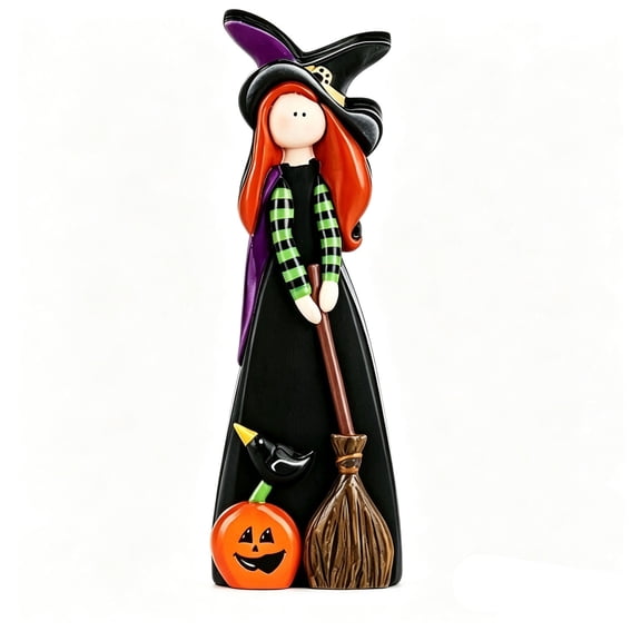 MYUNNIL Halloween Cute Witch Figurine, 7" Vintage Wooden Witch Pumpkin Tabletop Statue, Hand-Painted Fall Seasonal Ornament for Mantel Shelf Home Decor & Gift