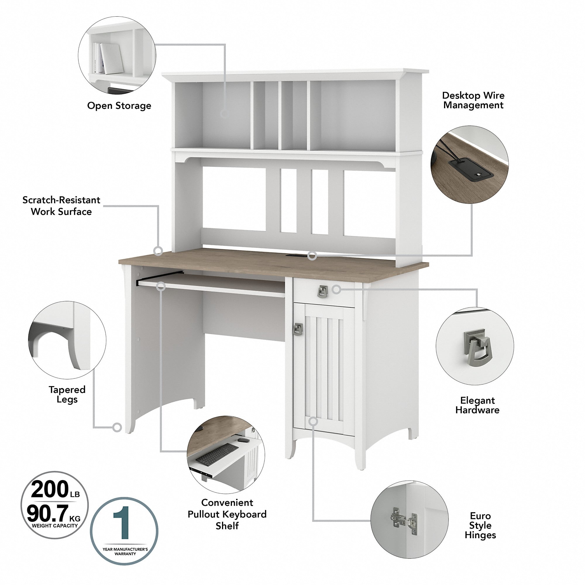Bush Furniture Salinas 48” Computer Desk & Hutch with Storage, Shiplap Gray & White