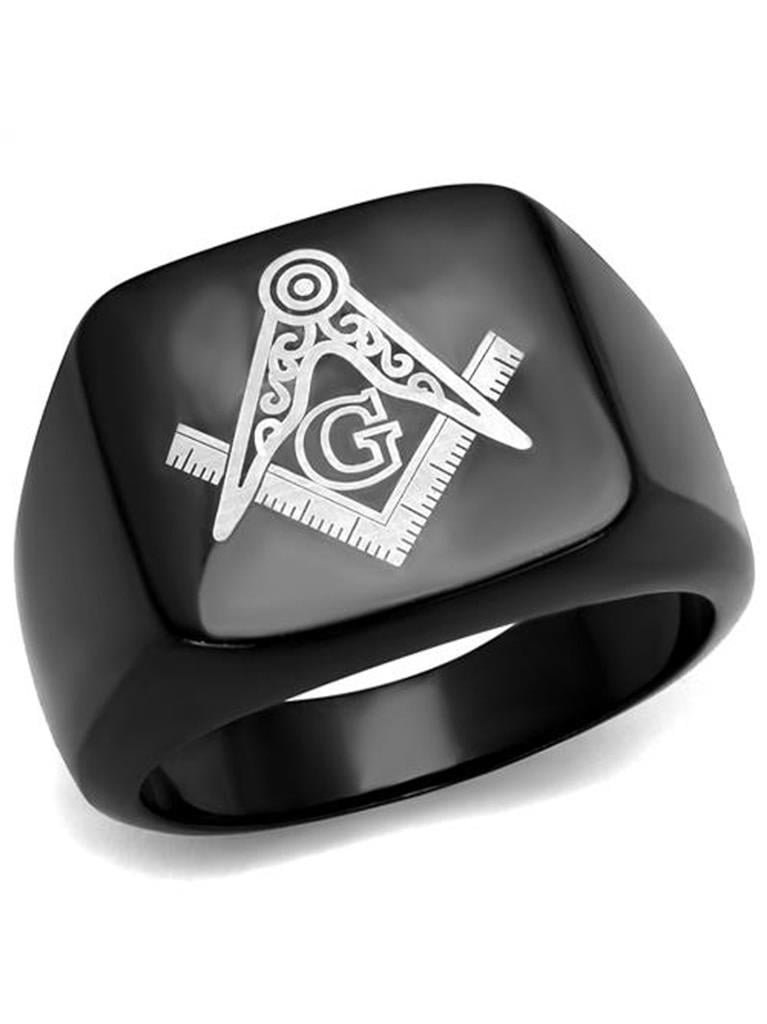 Masonic Mason Logo On Black Agete Tutone Stainless Steel Mens Ring 