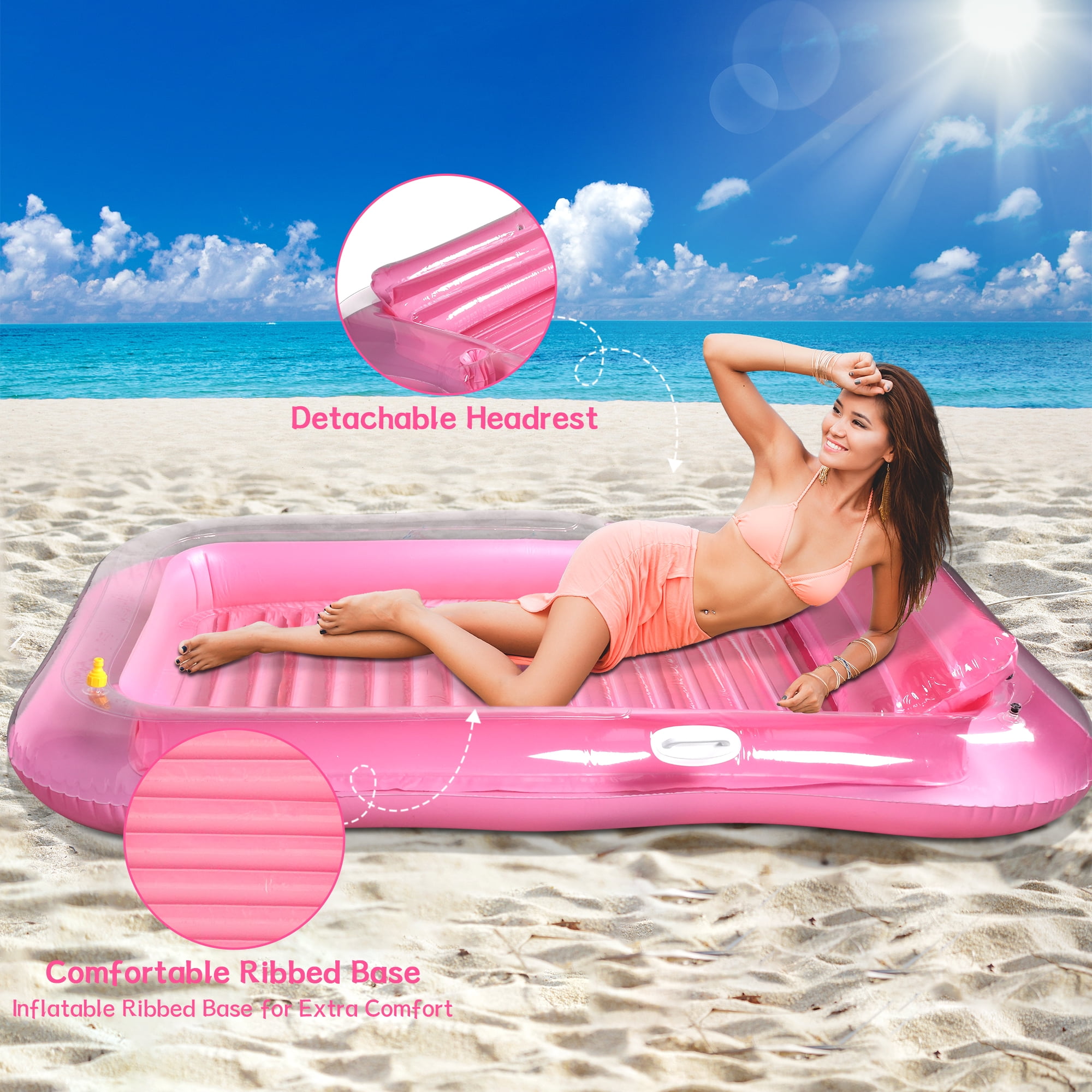 Inflatable Tanning Pool Lounger Float with Sprinkler, 81" x 52" Pool Floats Adult with Pillow, all in one Suntan Tub Raft Floatie with Drink Holder Sunbathing Water Lounge (Clear Pink)
