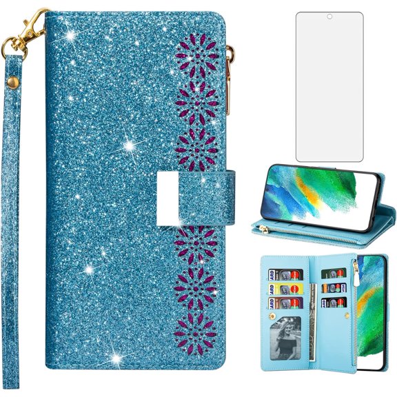 Phone Case for Samsung Galaxy S21 FE 5G Wallet Cover With Tempered Glass Screen Protector and Wrist Strap Bling Glitter Flip Zipper Card Holder Cell S 21 EF S21FE5G UW S21FE 21S G5 6.4 inch Blue