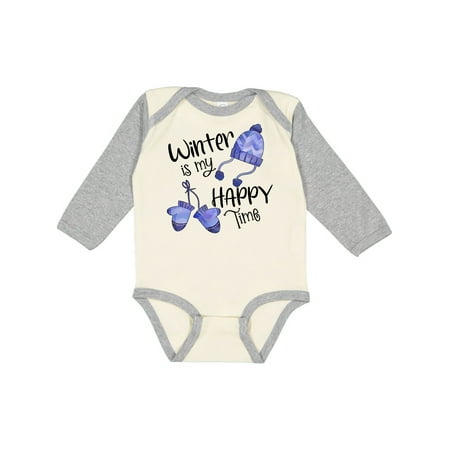 

Inktastic Winter is My Happy Time Hat and Mittens Gift Baby Boy or Baby Girl Long Sleeve Bodysuit