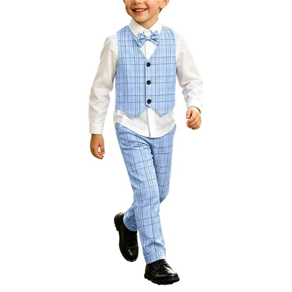 Iyufng 3 Piece Boys' Formal Vest Suit Sets, Summer Checkered Outfits for Boys, Collared Shirt with Trousers, Hat Set, Size 1-8 Years