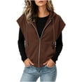 thumbnail image 4 of Women's Plus Size Cap Sleeve Hoodie Summer Loose Casual Zip Up Drawstring Tops with Pockets Brown, 4 of 7