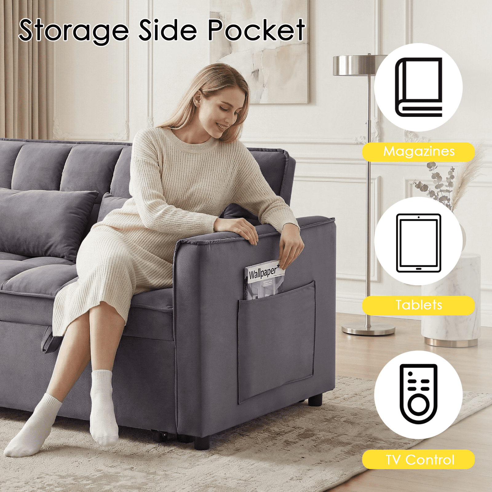 Amuille 3 in 1 Convertible Sleeper Sofa Bed, 54" Velvet Fabric Loveseat, Pull Out Couch for Living Room and Apartment (Dark Gray)