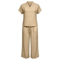 thumbnail image 4 of BRELIL Women Plus Size Two Piece Outfits V Neck Short Sleeve Tee Wide Leg Pants Casual Lounge Set Solid Boho Vacation Travel Loose Tracksuit, Khaki 2XL, 4 of 6