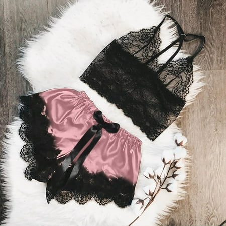 

Ouneed Women V-Neck Eyelash Lace Sexy Stain Camisole Pajamas Bowknot Shorts Set