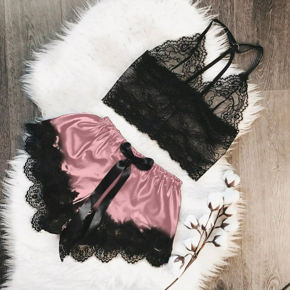 Dianli Women V-Neck Eyelash Lace Sexy Stain Camisole Pajamas Bowknot Shorts Set up to 60% off Pink L