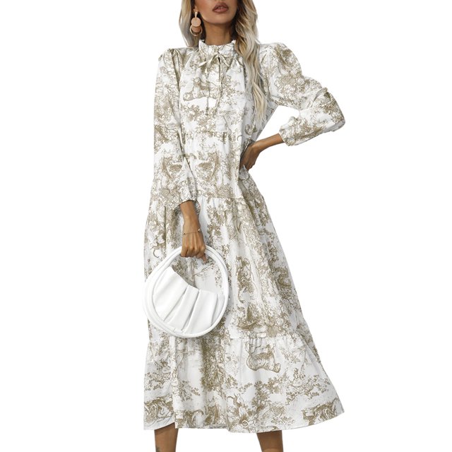 Vestido estampado de mujer con volantes suaves y cuello alto con cordón y dobladillo largo vestido suelto y transpirable