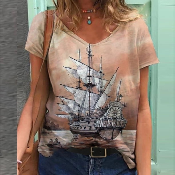 Pntutb Moda Mujer tops Verano Cuello en V Estampado Manga Corta Camiseta Casual Blusa Suelta Pntutb Pntutb-3338