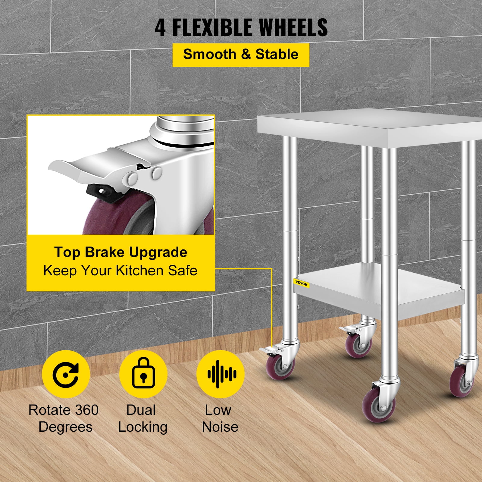 VEVORbrand 24 x 18 x 34 Inches Stainless Steel Work Table 3-Stage Adjustable Shelf with 4 Wheels Heavy Duty Commercial Food Prep Worktable with Brake for Kitchen Prep Work