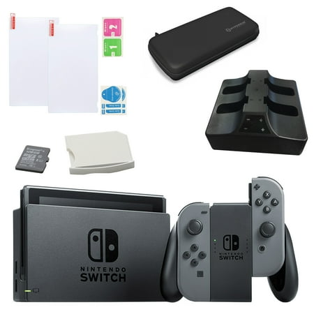 Nintendo Switch Gray Console with Dual Dock Charging Cradle, 128GB Micro SD Card, Carrying Case and Glass Protector
