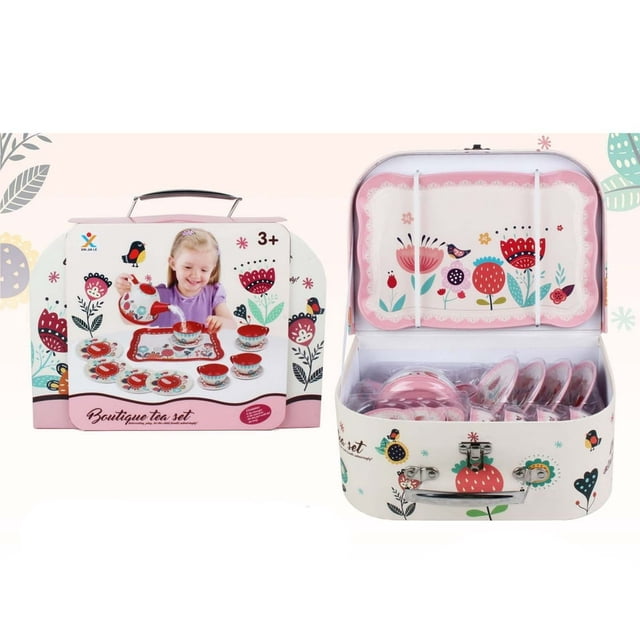 HAOANTea Party Set Children Pretend Play Toy Children‘s Home Simulation Tea Set Tin Teapot Tea Cup Toy Portable Gift Box Set B