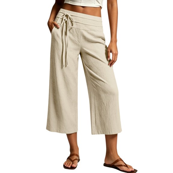 LEKODE Women's Pull On Linen Blend Drawstring Relaxed Fit Wide Leg Pant Beige L