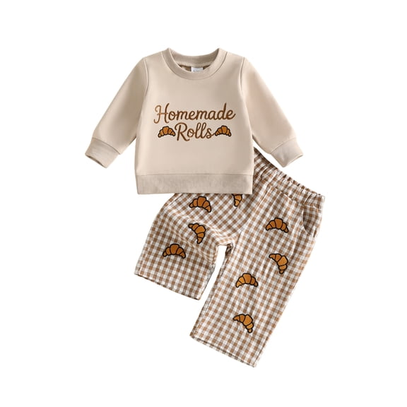 RUINIXCW Toddler Baby Boy Thanksgiving Outfit Fall Winter Clothes Homemade Rolls Letter Croissant Embroidered Long Sleeve Crewneck Sweatshirt and Plaid Pants Set