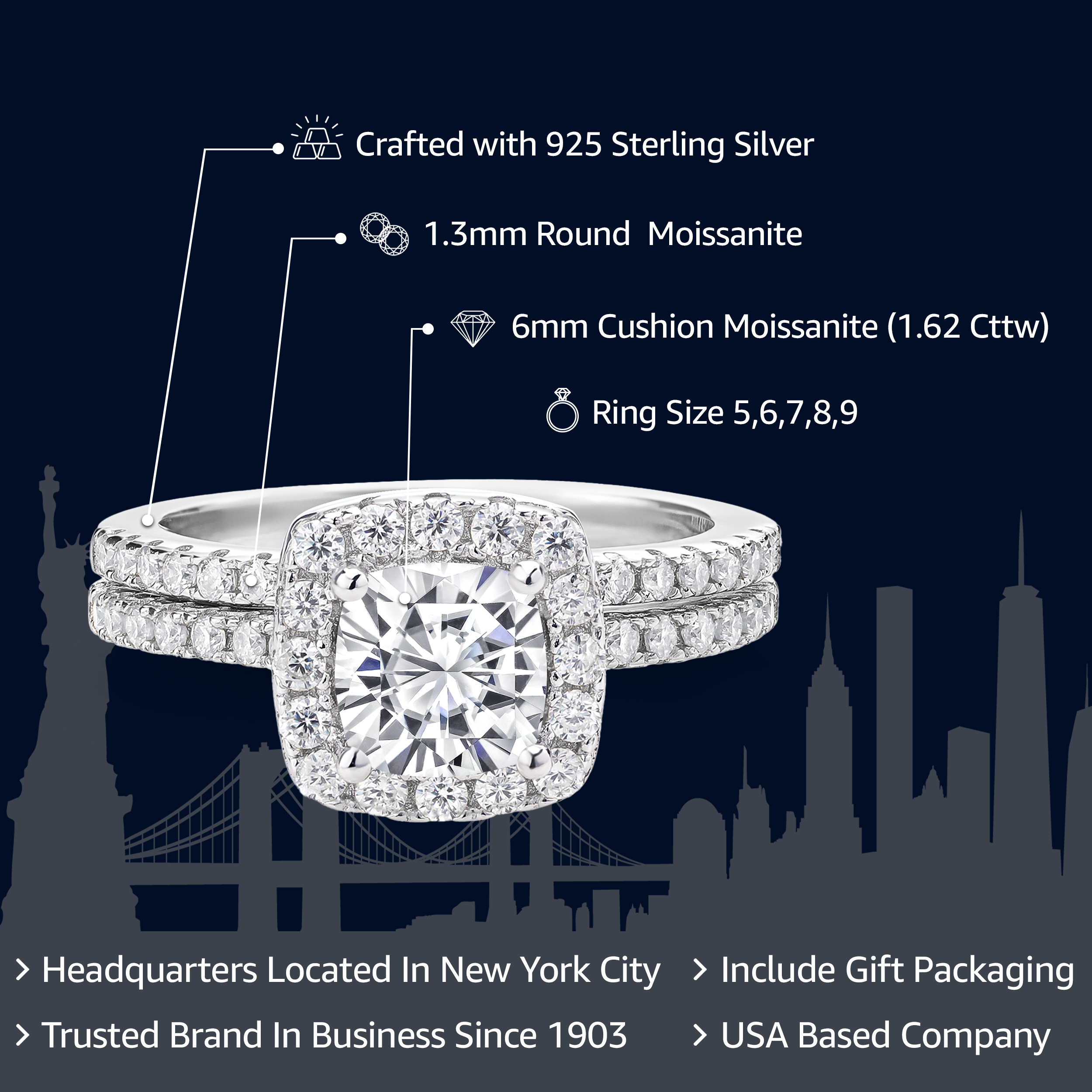 Gem Stone King 1.62 Cttw Moissanite Wedding Engagement Ring Band Bridal Set for Women | 925 Sterling Silver | Available in Size 5, 6, 7, 8, 9