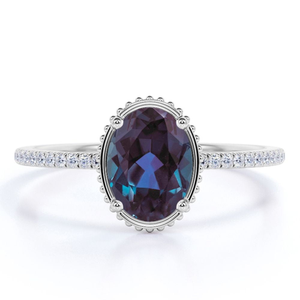 JeenMata Dainty 1.75 Carat Oval Cut Synthetic Alexandrite and Moissanite Pave Low Profile Engagement Ring in 18k White Gold over Silver